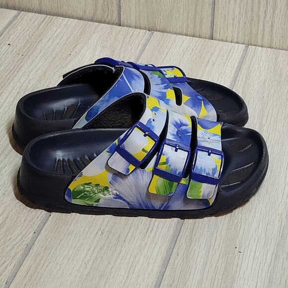 Birkenstock Birksi Haiti Tropical Print Blue/Yellow Slip On Floral Sandals 12.5 - Picture 1 of 7